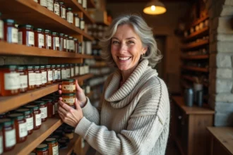 Femme d'âge moyen souriante choisissant un pot de miel local dans une vente basque