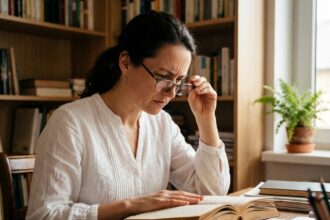 Femme tenant ses lunettes et plissant les yeux pour lire un livre, illustrant la myopie et les troubles de la vision