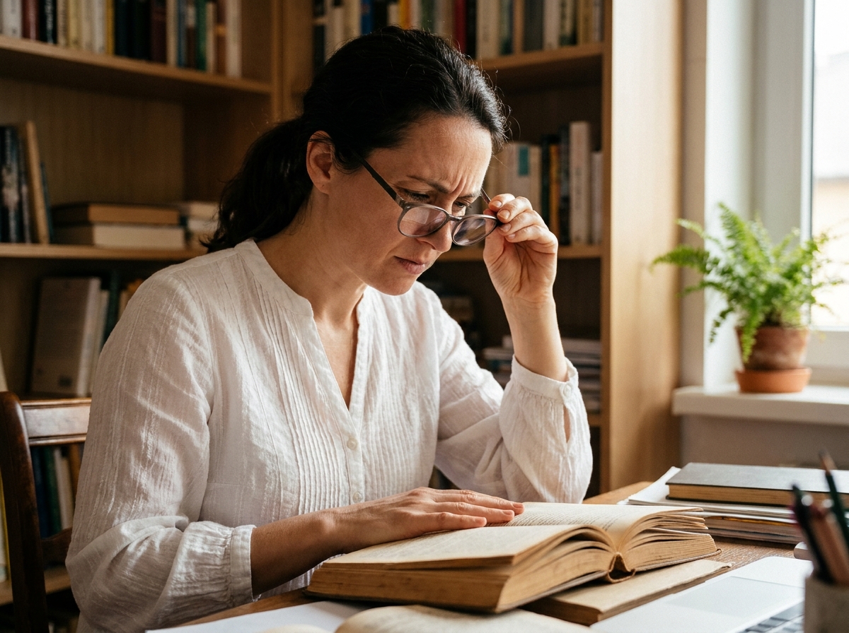 Femme tenant ses lunettes et plissant les yeux pour lire un livre, illustrant la myopie et les troubles de la vision