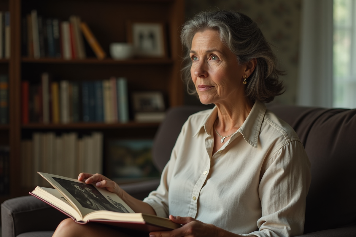 Femme d'âge moyen tenant un album photo nostalgique