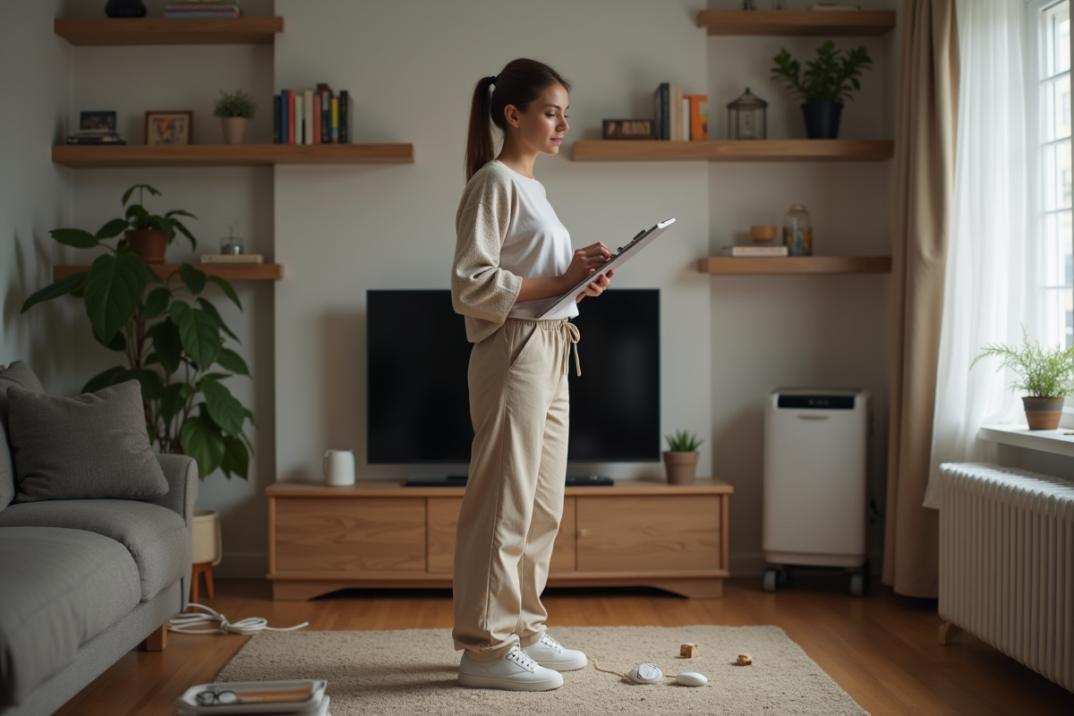 Femme notant sur un classeur devant un radiateur électrique