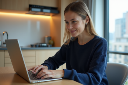 Jeune femme vérifiant ses paramètres de confidentialité sur son ordinateur