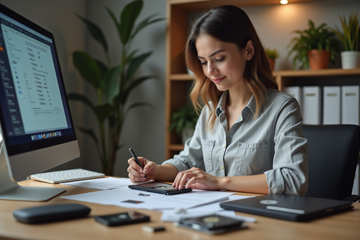 Jeune femme compare divers dispositifs de stockage de données