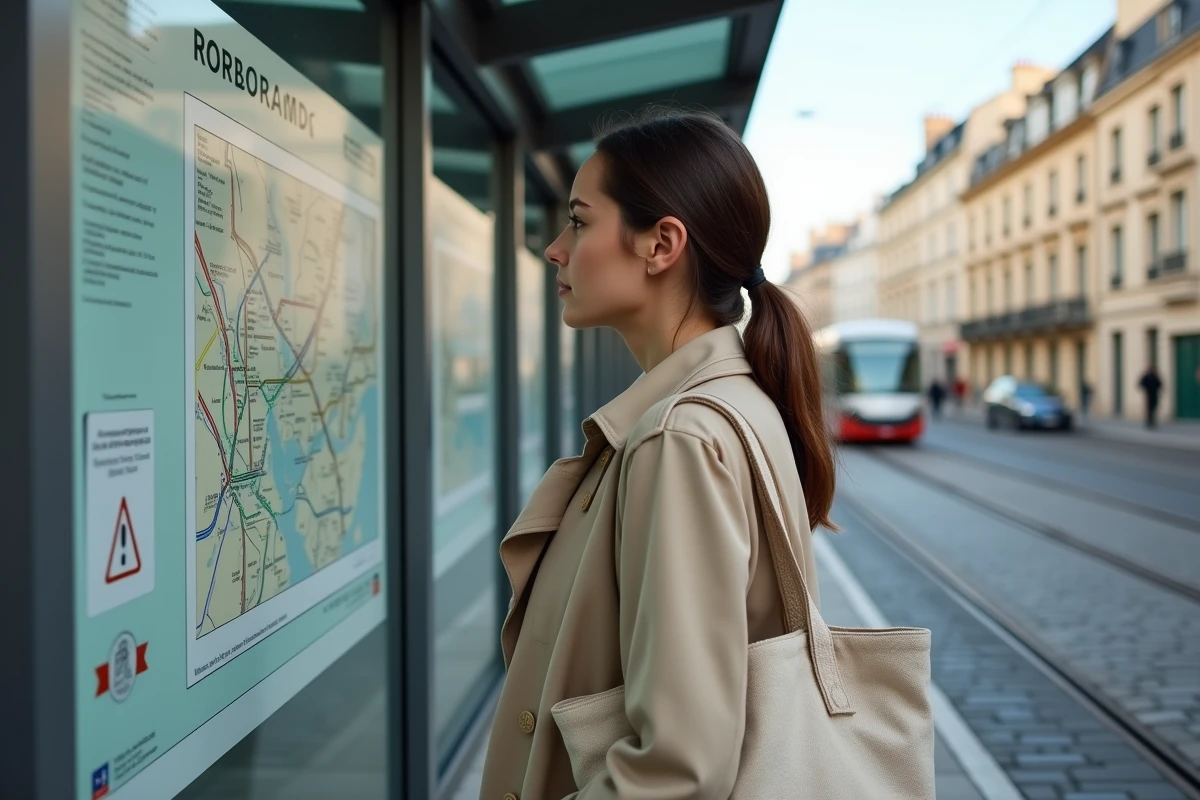 Jeune femme consultant le plan du tram de Bordeaux à un arrêt de tramway en centre-ville