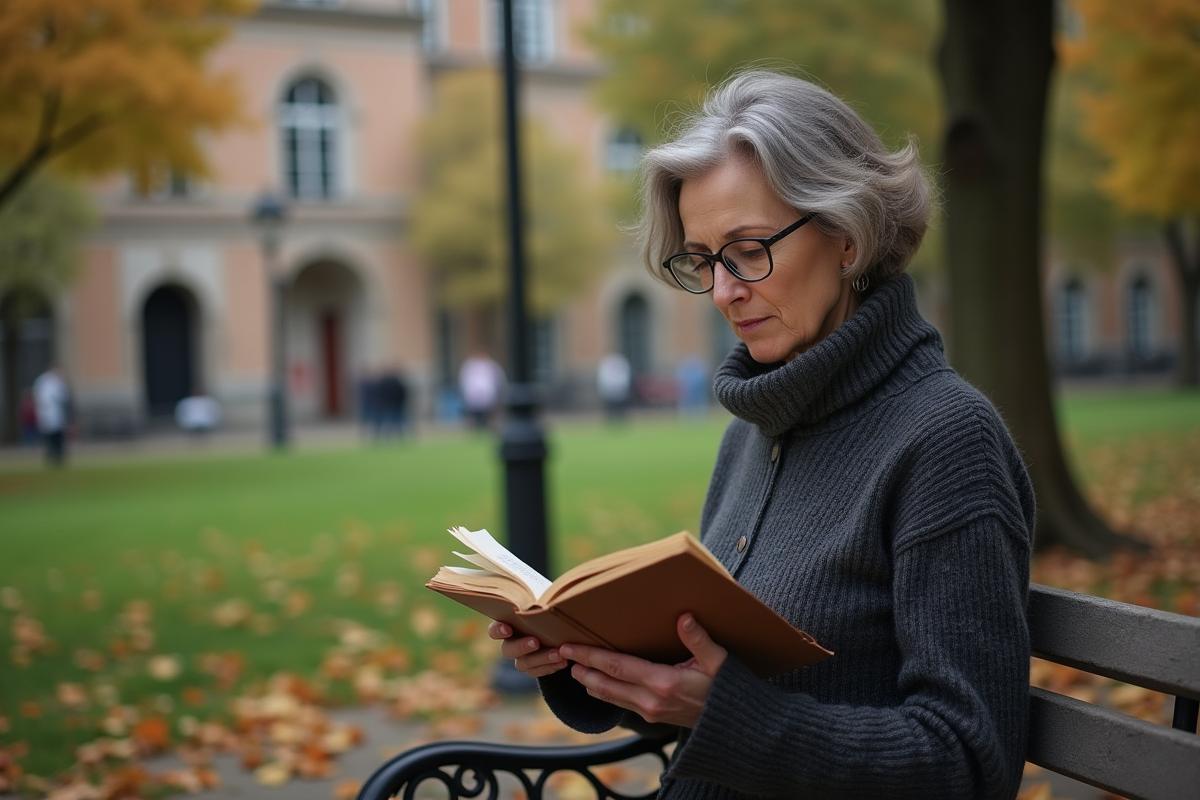 Femme poète lisant dans un parc urbain en automne