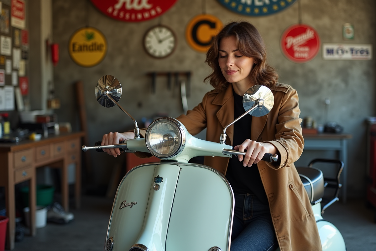 Femme élégante nettoyant un scooter dans un garage parisien
