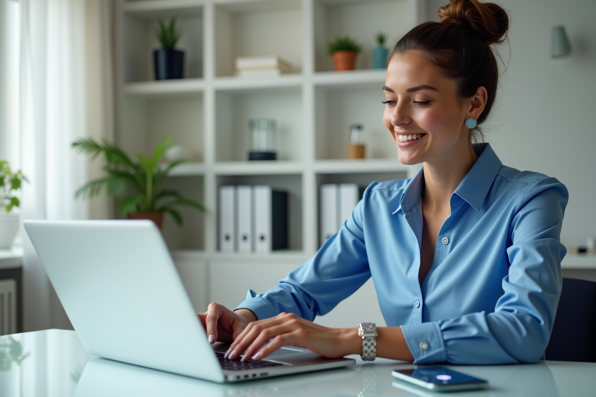Jeune femme professionnelle utilisant un ordinateur dans un bureau moderne