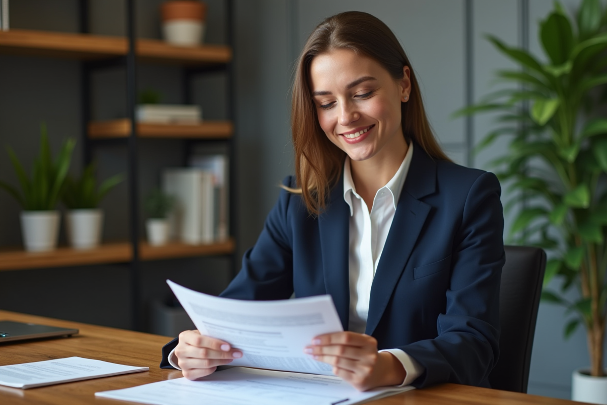 Femme professionnelle en costume bleu examinant des documents de prêt immobilier