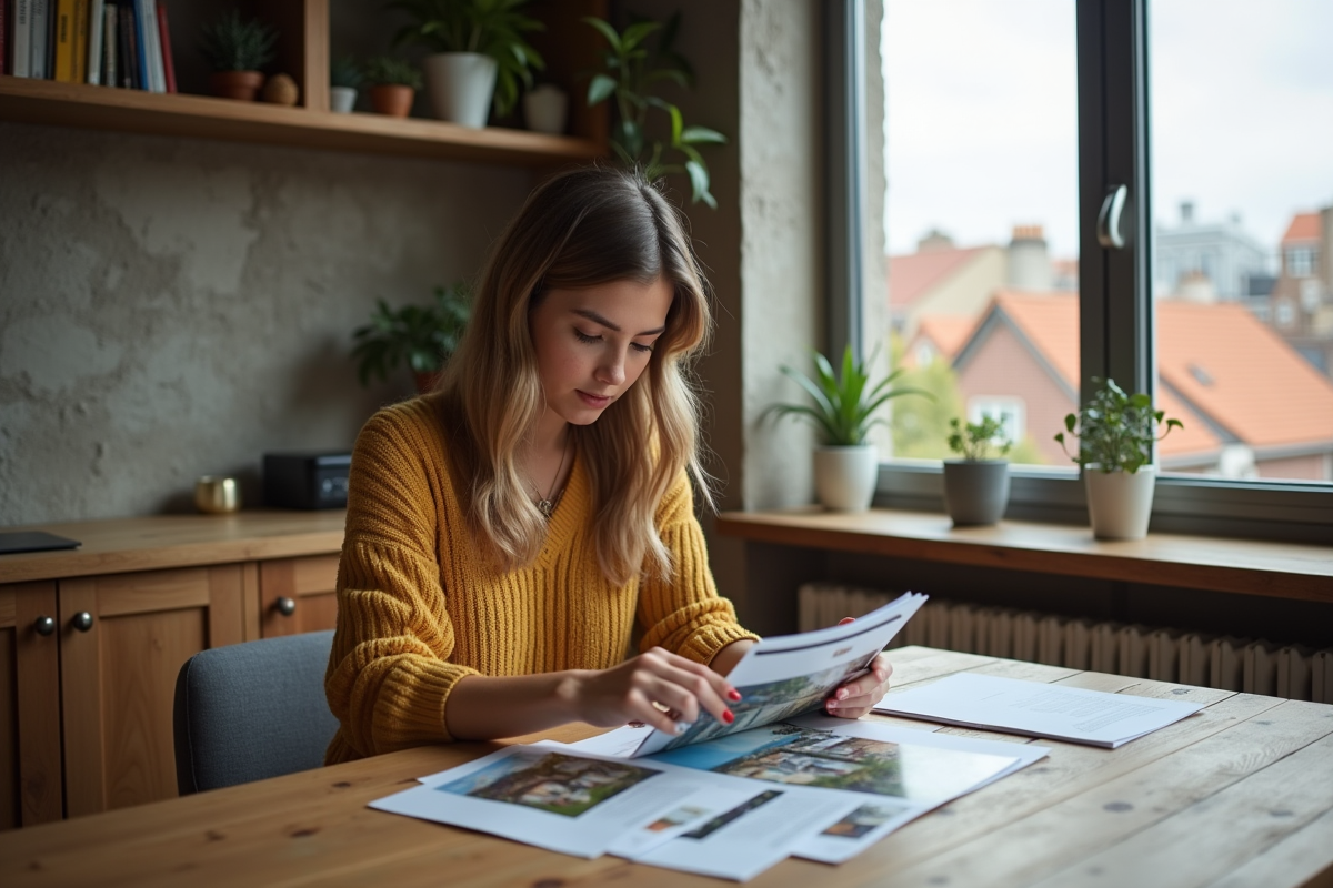 Jeune femme lisant des brochures immobilières à la maison