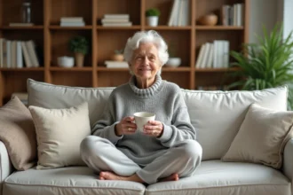 Femme détendue buvant une tisane dans un salon chaleureux