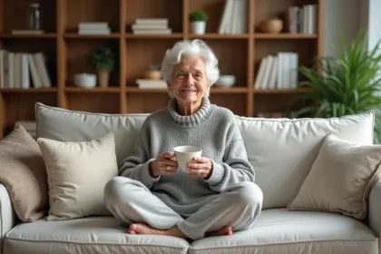Femme détendue buvant une tisane dans un salon chaleureux