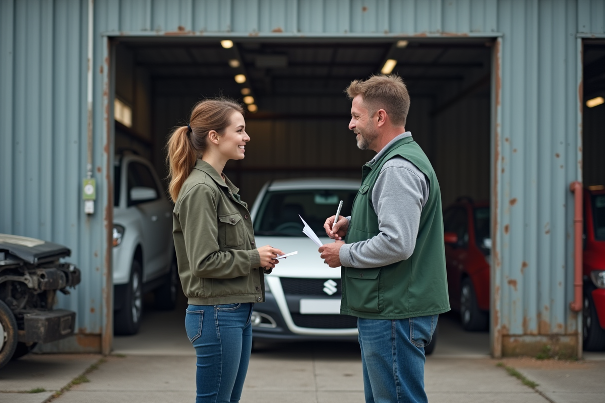 Jeune femme signant des papiers avec un employé de la casse