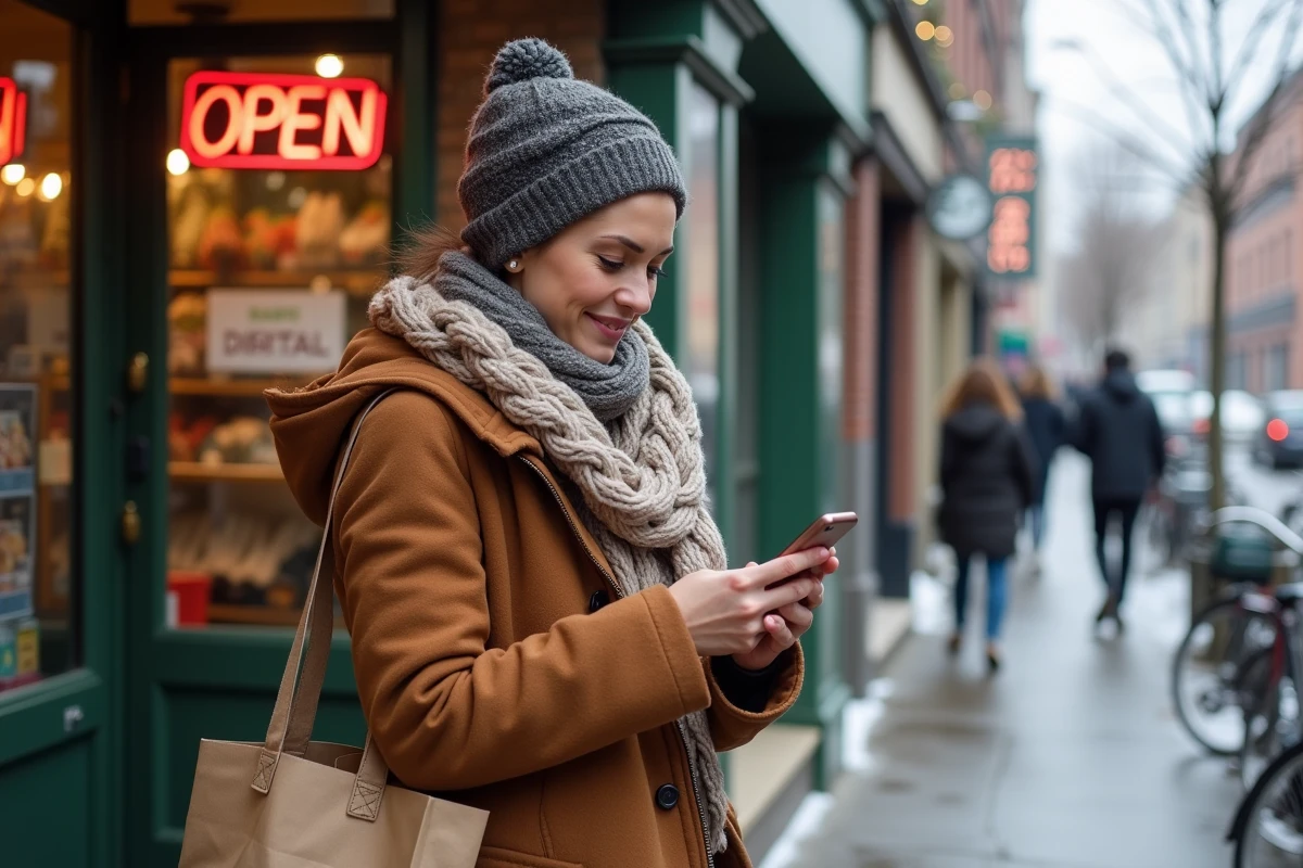 Femme avec manteau et écharpe consulte son smartphone devant un magasin