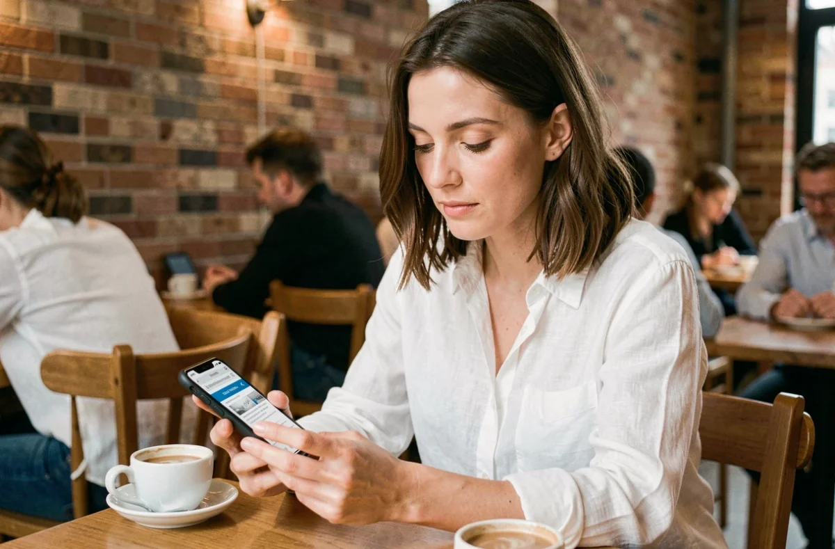 Femme consultant un nouveau lien de site web sur son smartphone dans un café urbain