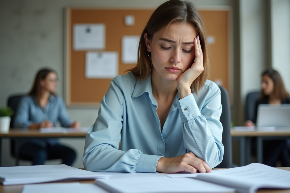 Jeune femme frustrée avec papiers dispersés dans un bureau partagé