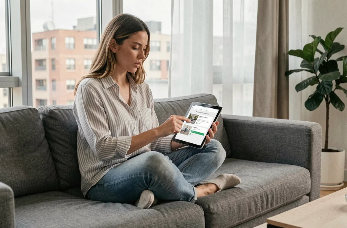 Femme utilisant une tablette pour accéder à un site de téléchargement depuis son salon
