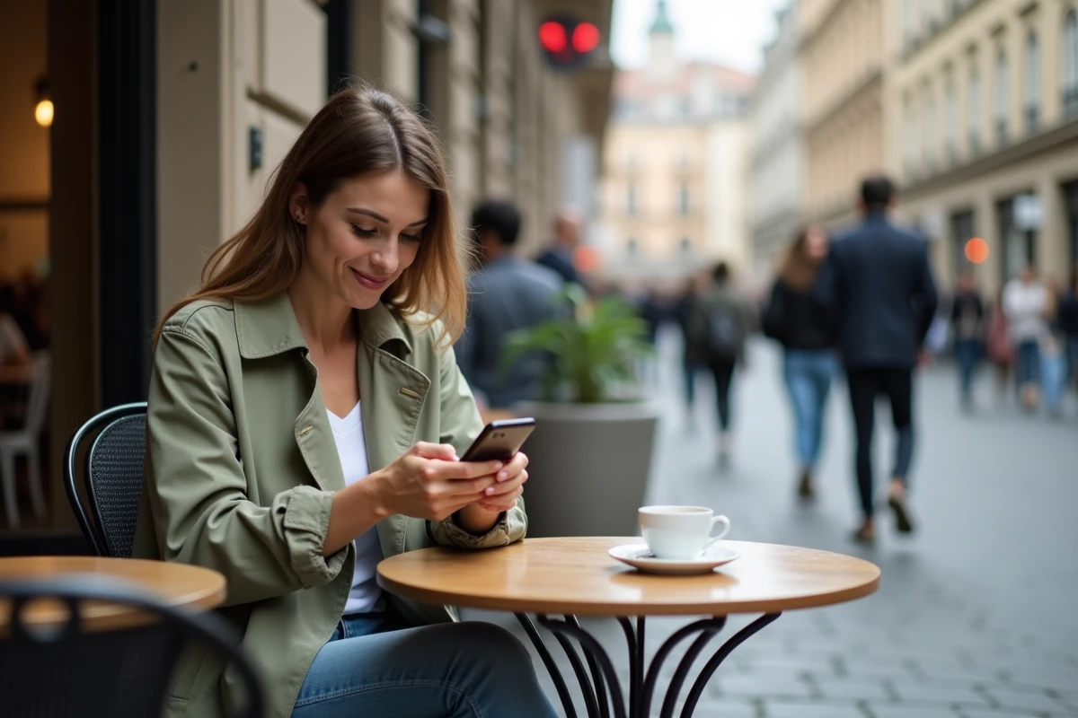 Femme en terrasse de café regardant une story Instagram de manière anonyme sur son téléphone