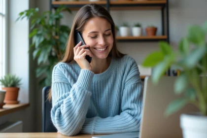 Jeune femme au bureau parlant au téléphone
