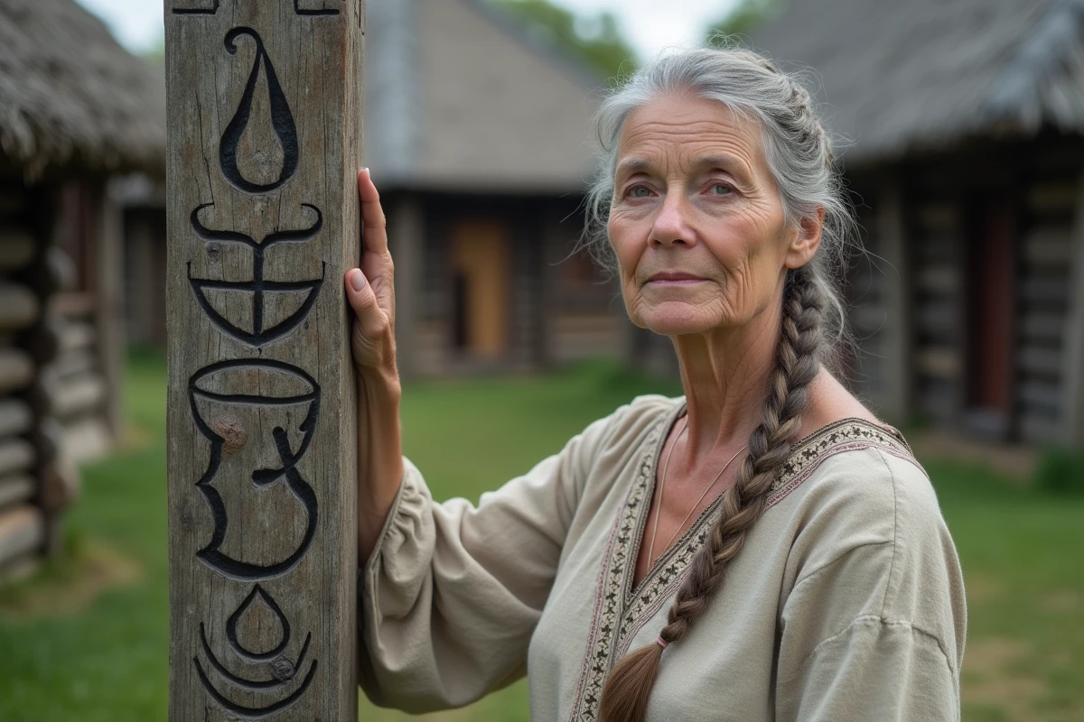 Femme viking avec symbole Wegvisir dans un environnement extérieur