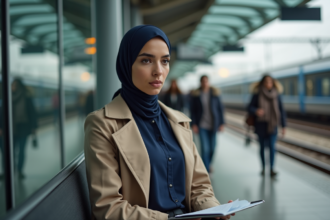 Jeune femme nord-africaine dans une gare moderne
