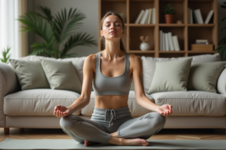 Femme en yoga dans un salon calme et lumineux