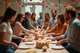 Groupe d'adultes souriants lors d'une fête d'anniversaire