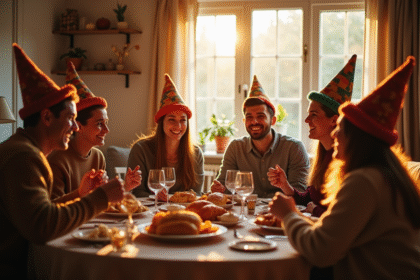 Groupe d'amis célébrant Thanksgiving dans un salon chaleureux