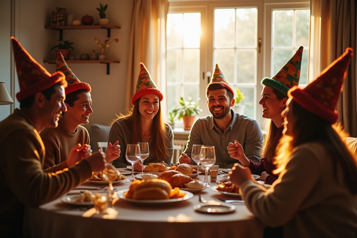 Groupe d'amis célébrant Thanksgiving dans un salon chaleureux