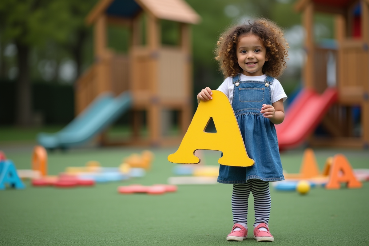 Fille fiere tenant une lettre A dans la cour d