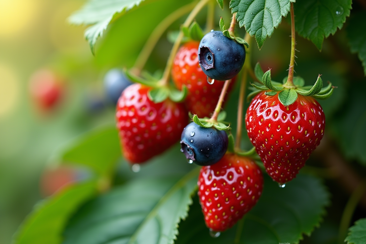 Fraises et myrtilles mûres sur plantes vertes en été