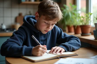 Jeune garçon en hoodie écrit la formule de la circonference