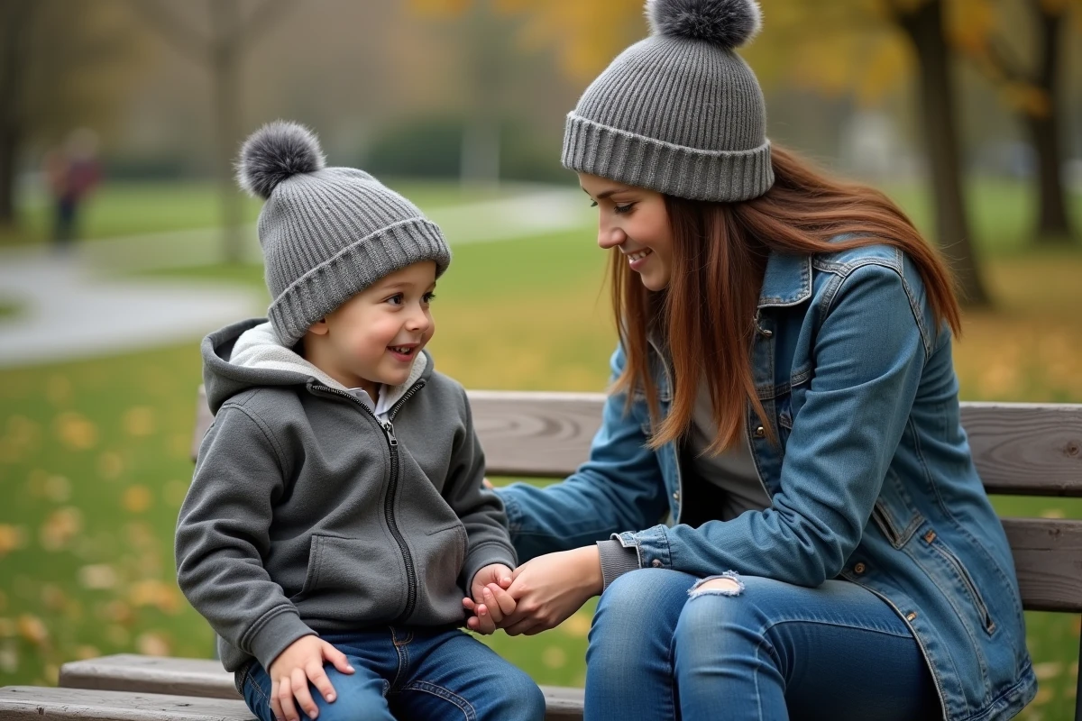 Garçon assis sur un banc de parc avec sa mère en automne
