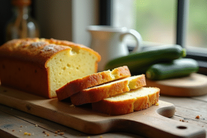 Gâteau de courgette et chèvre tranché sur table rustique
