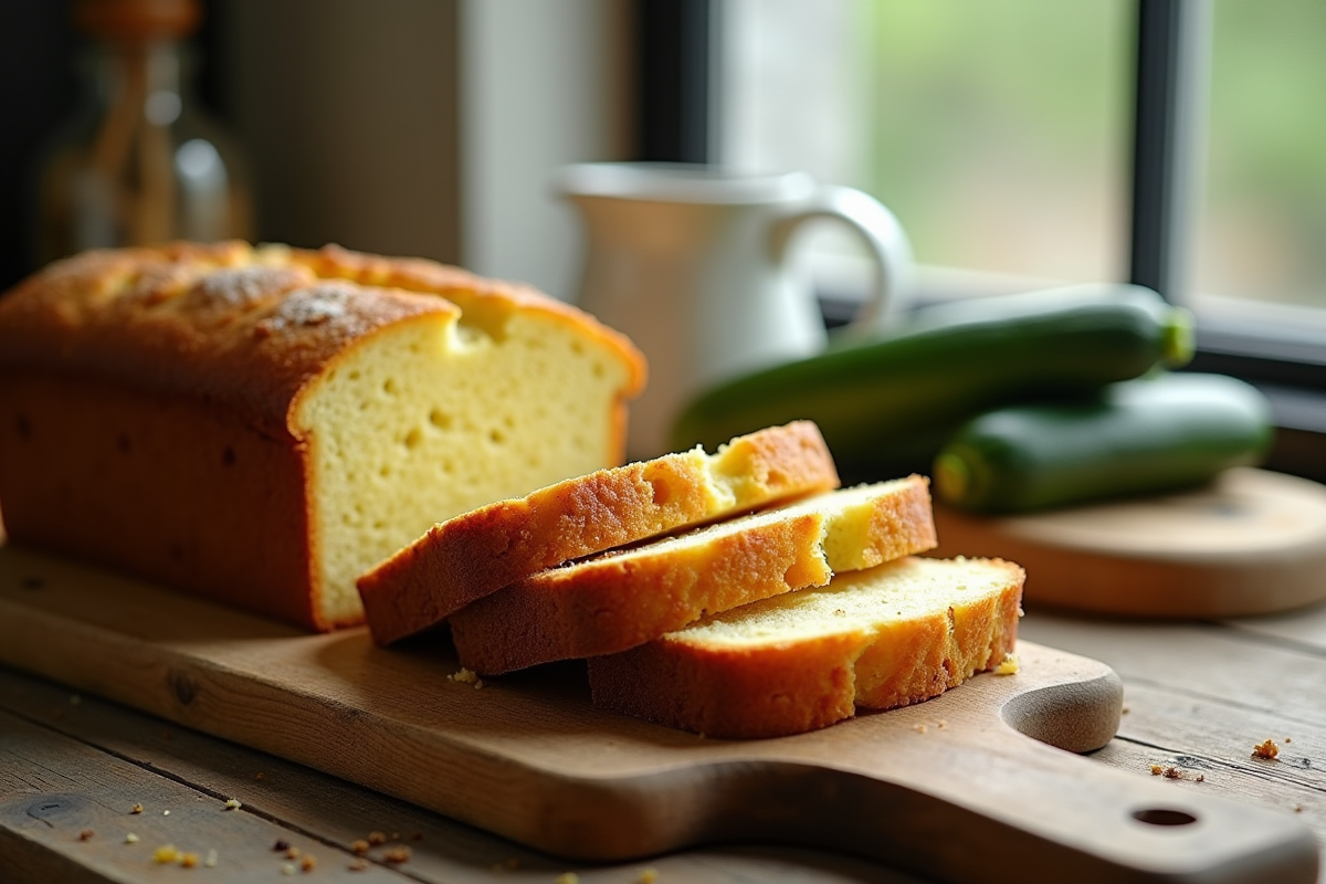 Gâteau de courgette et chèvre tranché sur table rustique