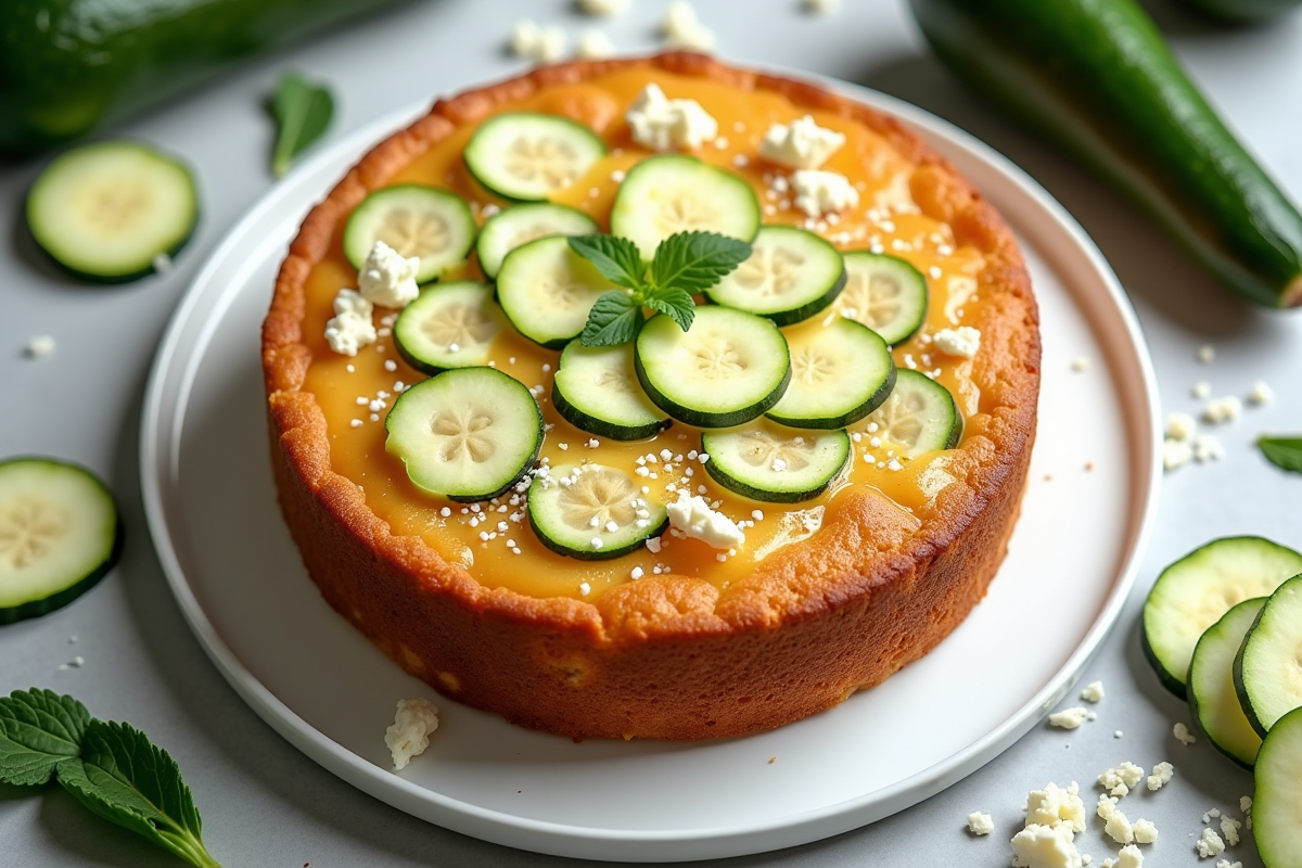 Gâteau de courgette et chèvre entier avec ingrédients