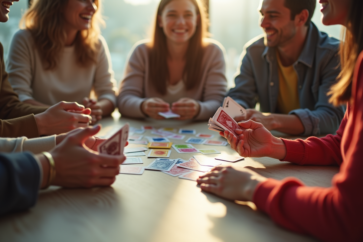 Amis jouant à SkipBo autour d'une table en plein jour