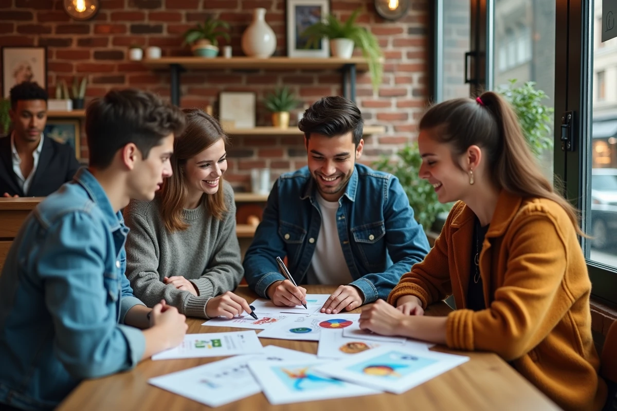 Jeune équipe créative discutant autour d une table en café