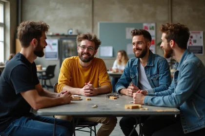 Groupe de comediens français en rehearsal dans un studio industriel