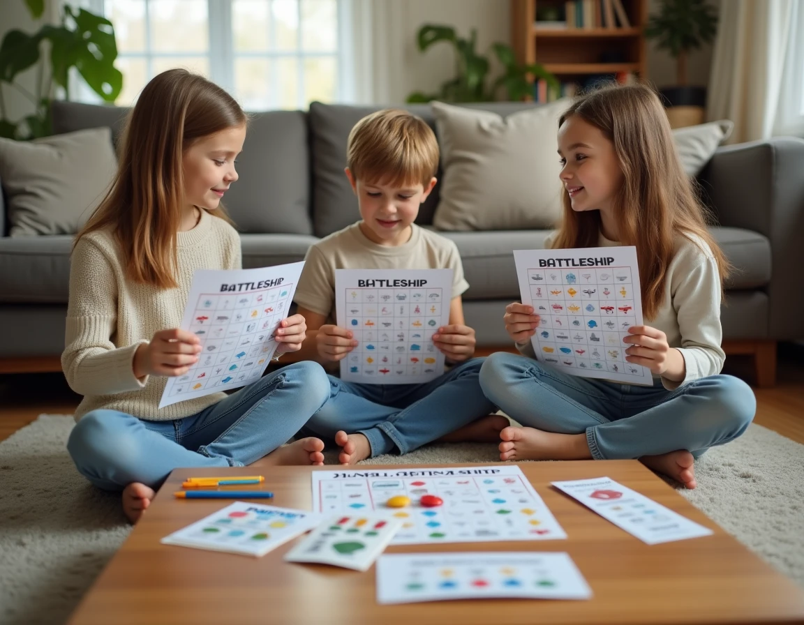 Trois enfants de primaire jouant ensemble à une version simplifiée de la bataille navale avec des fiches illustrées sur un tapis