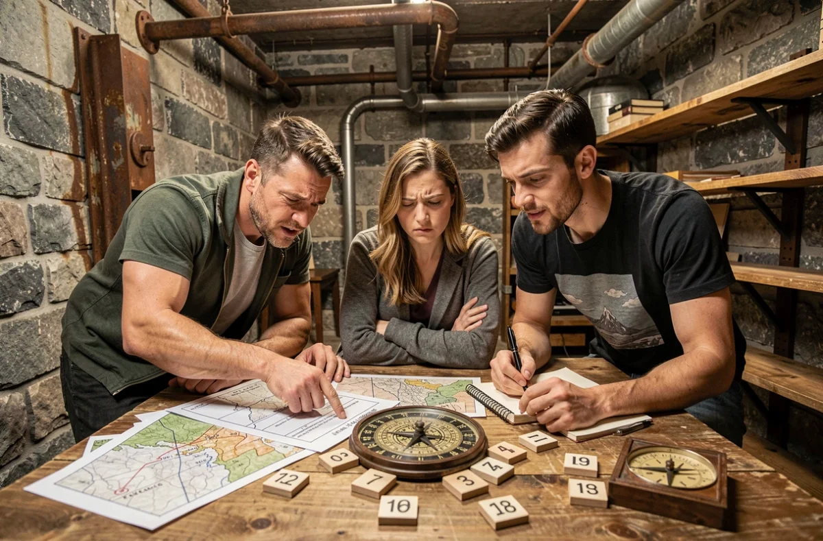 Groupe d'adultes bloqués autour d'une table dans une salle d'escape game avec cartes et indices éparpillés