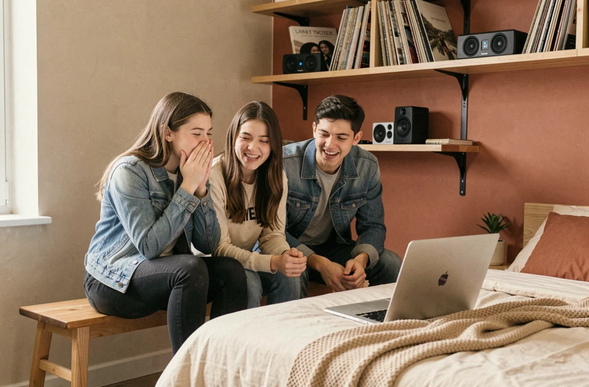 Groupe de jeunes adolescents réagissant à un banger dans une chambre moderne avec vinyles et enceintes