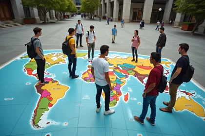 Groupe diversifié sur une carte urbaine en plein air