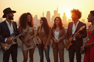 Groupe de musiciens divers sur un rooftop urbain au coucher du soleil