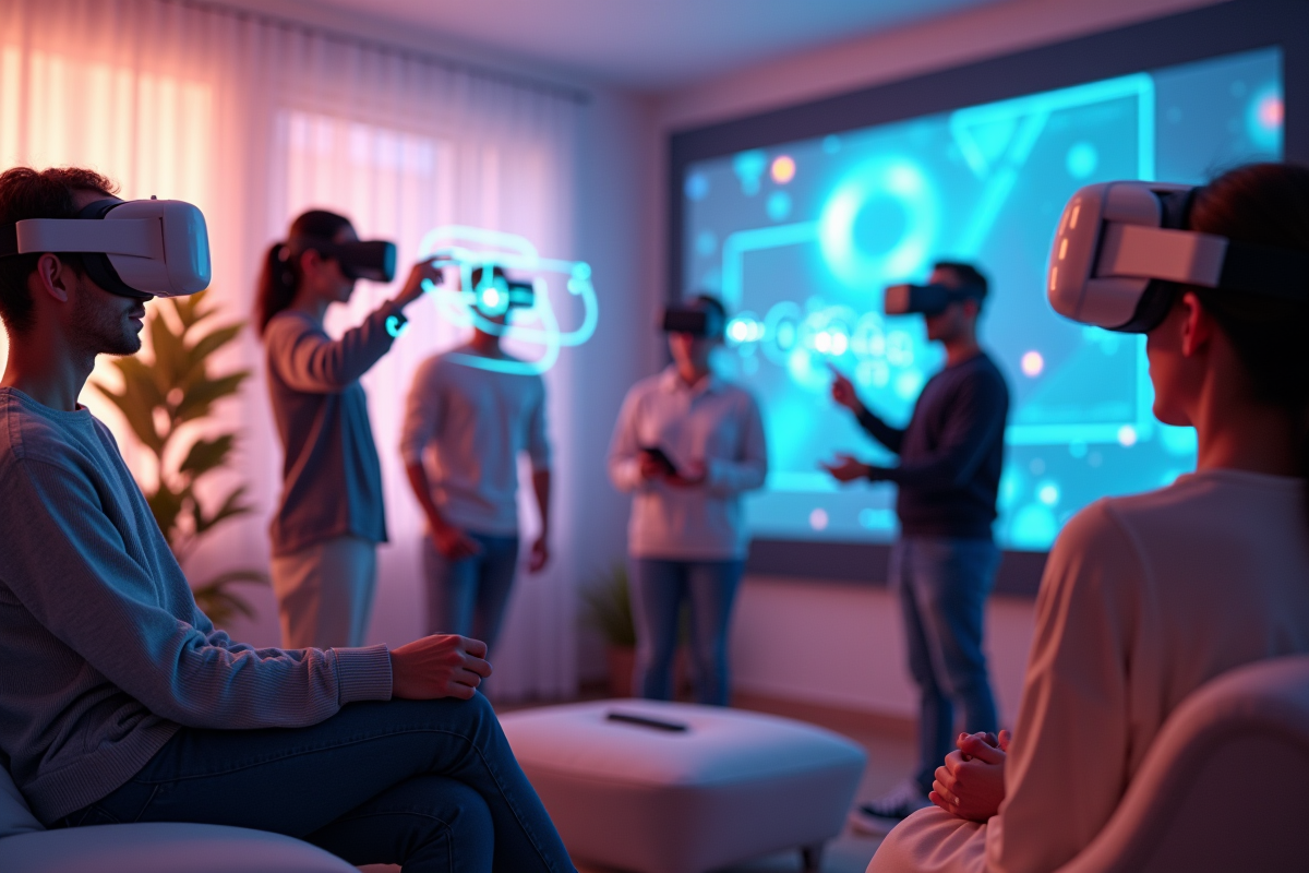 Groupe de personnes avec casques VR dans un salon lumineux