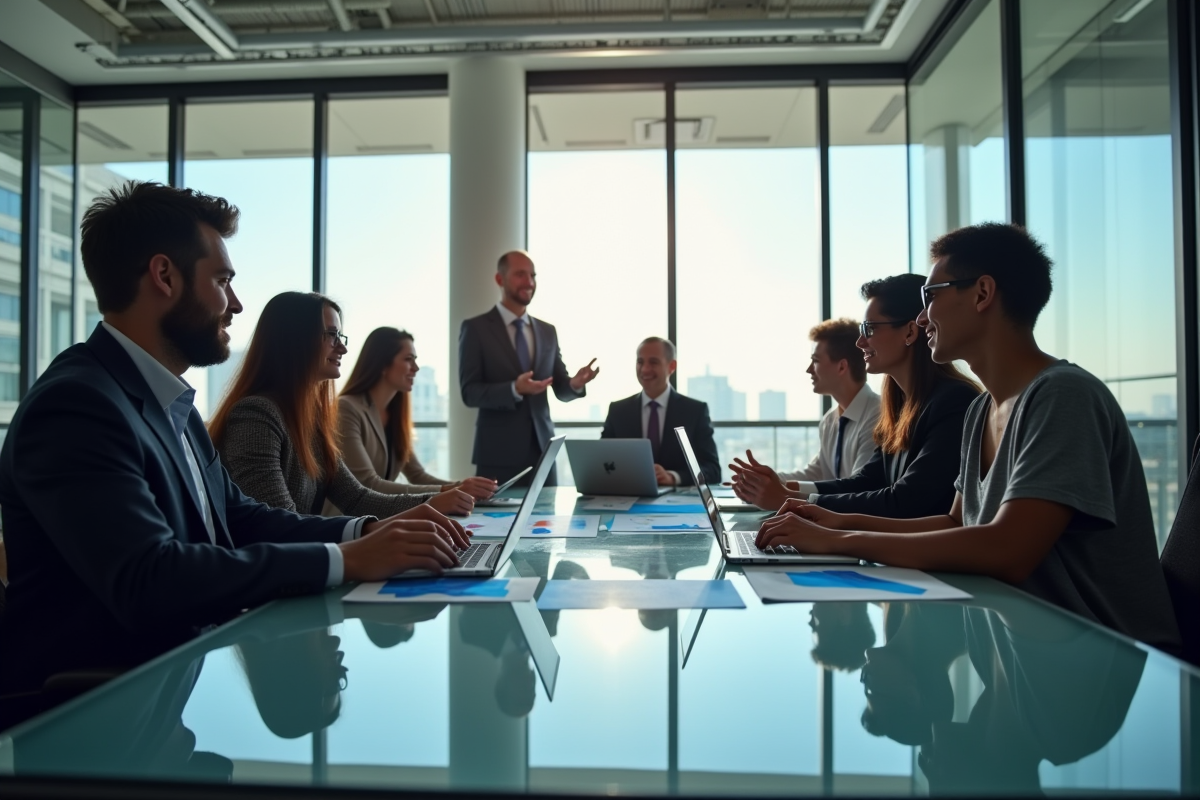 Groupe de professionnels en réunion dans un bureau moderne