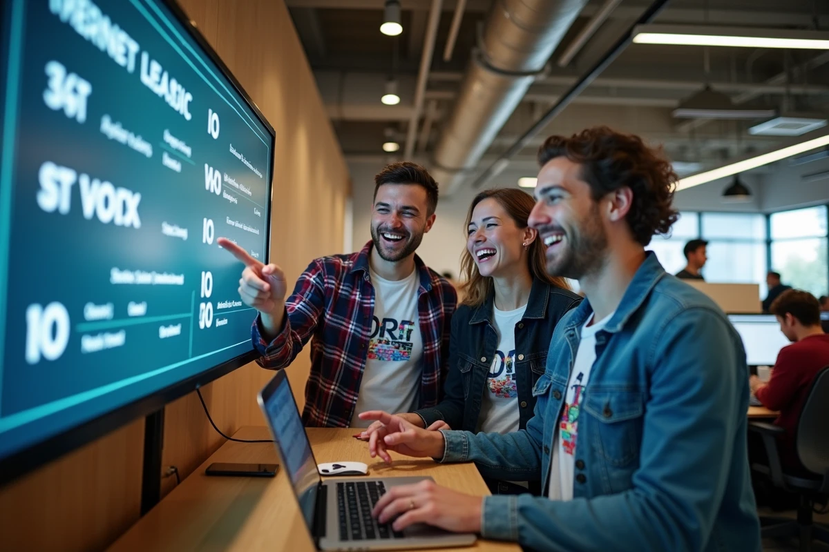 Groupe de jeunes professionnels de la tech discutant de la signification de l'extension de domaine io dans un espace de coworking moderne