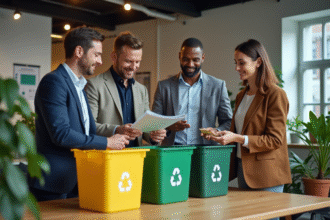 Groupe d'employes triant des recyclables dans un bureau moderne