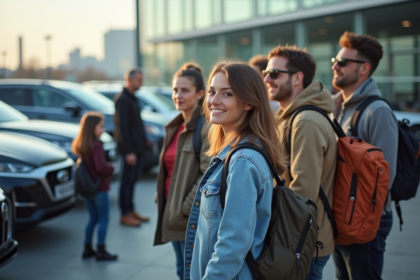 Groupe de personnes regardant des voitures neuves en concession