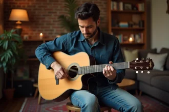 Guitariste jouant des accords sur une guitare acoustique dans un salon chaleureux, vue en plan trois-quarts