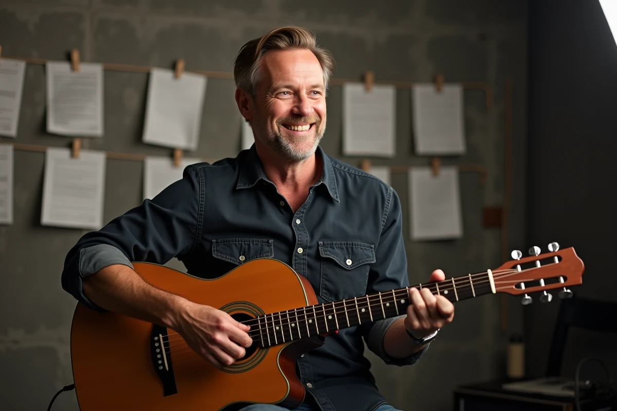 Guitariste souriant tenant une guitare acoustique en coulisses d'un plateau de télévision France 2